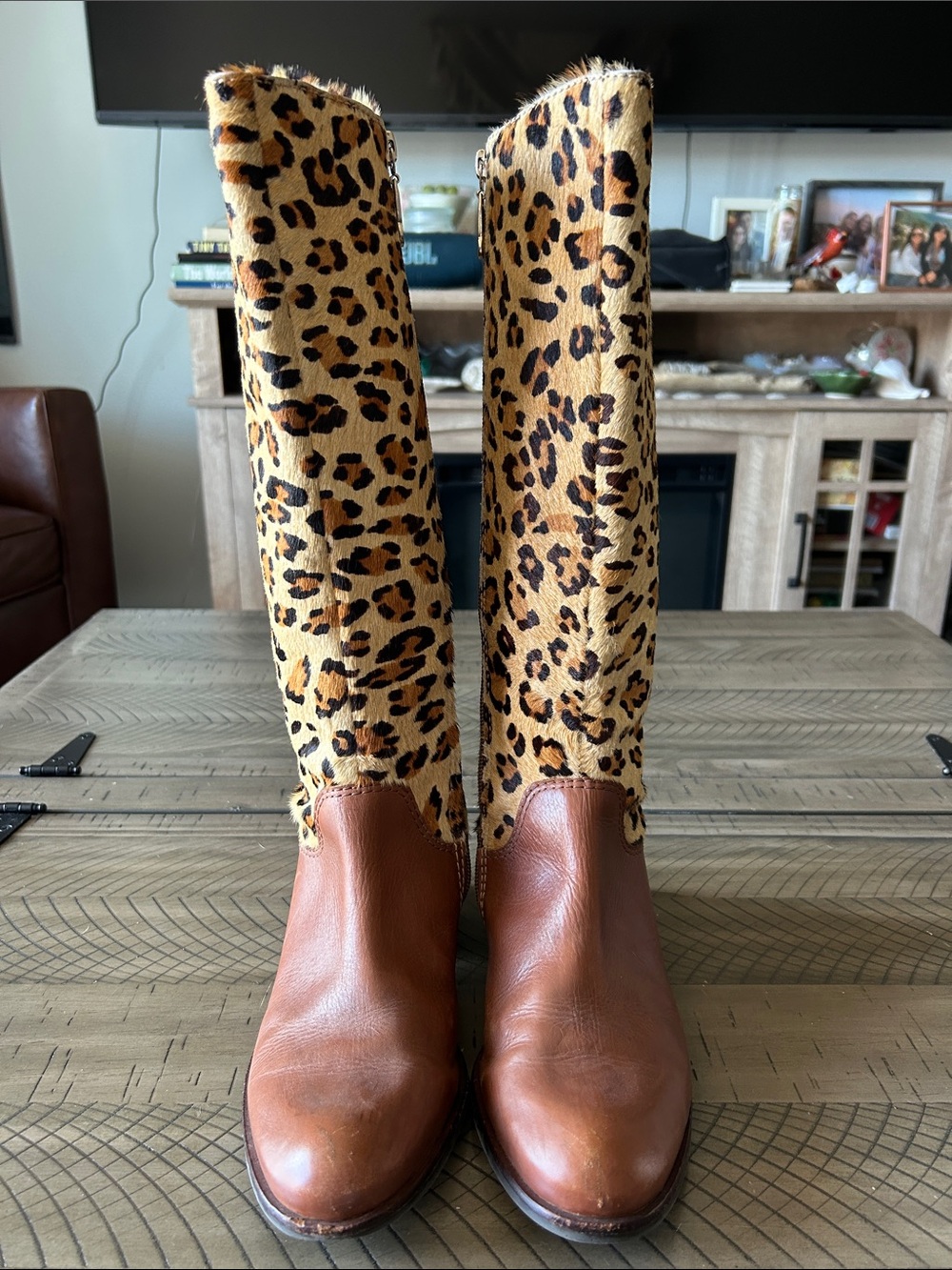 Marc Joseph Leopard Print Pony Hair and Brown Leather Knee Boots